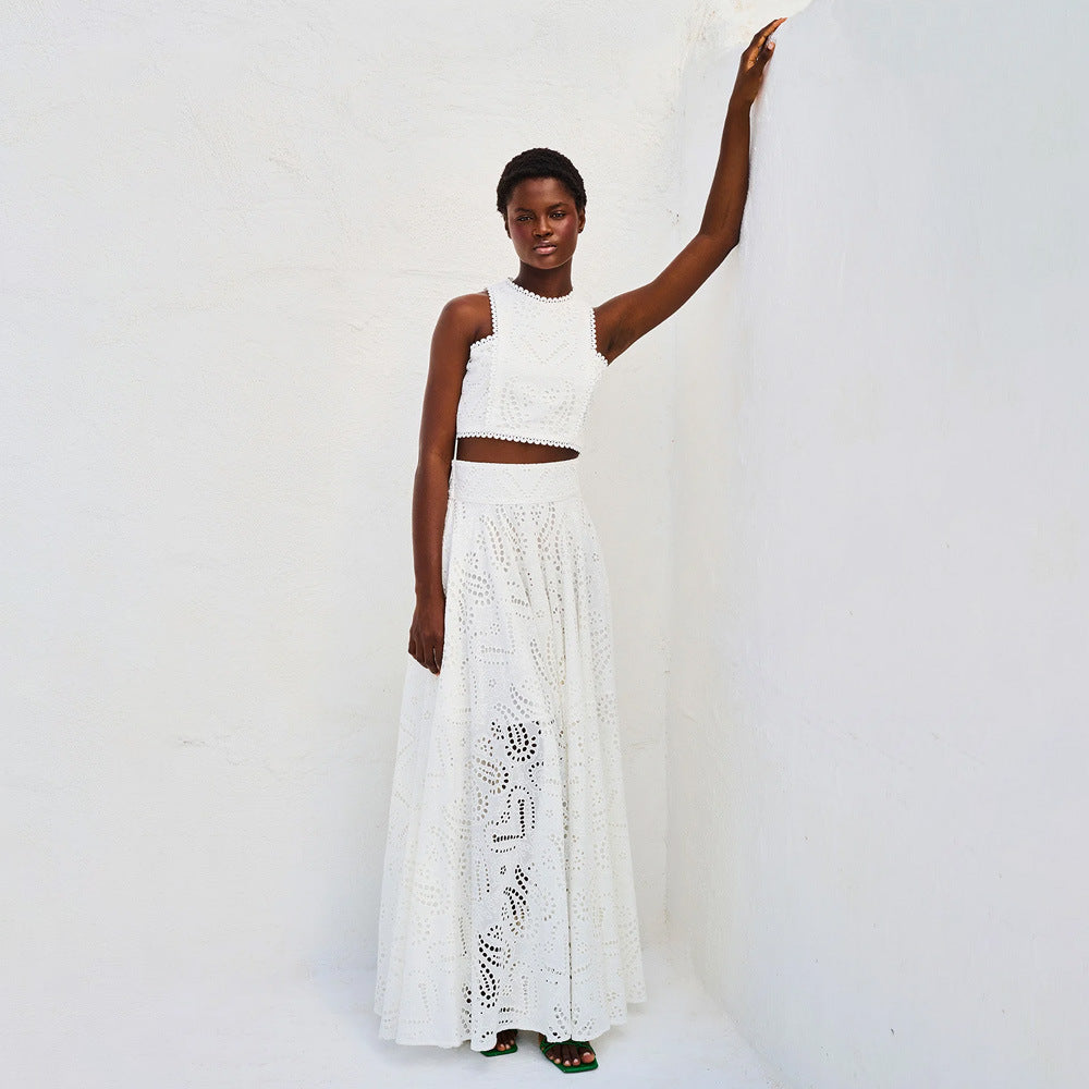 Women's Set – Cropped Sleeveless Top – Long Flared Skirt – Embroidered Details