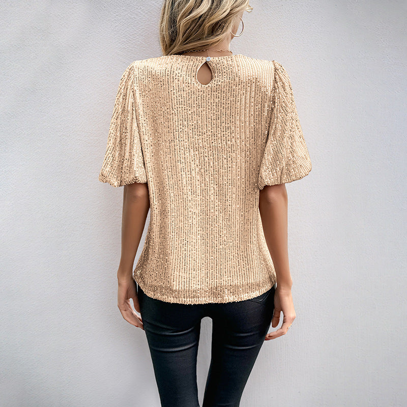 T-shirt femme – Coupe décontractée – Manches évasées – Col rond – Sequins brillants