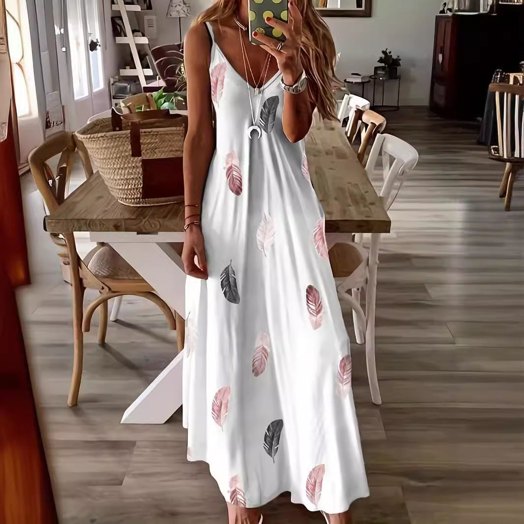 Women's long dress – Fluid cut – Sleeveless – V-neck – Breathable fabric with foliage print