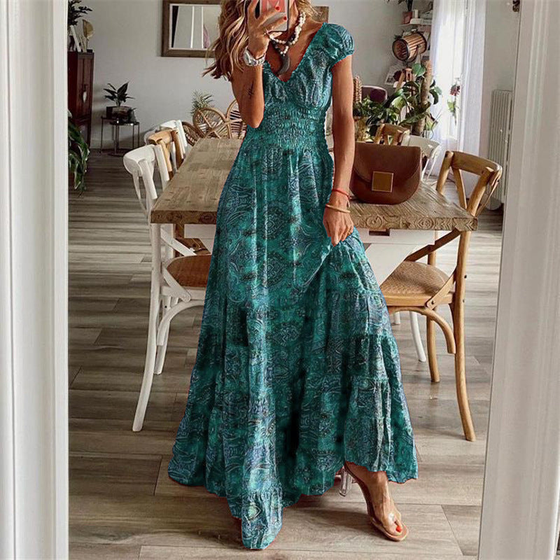 Robe longue femme – Encolure V – Manches courtes – Taille smockée – Jupe à volants