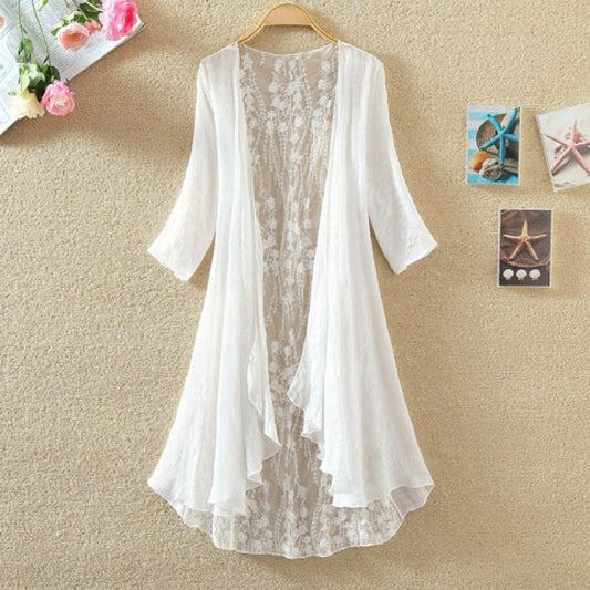 Women's Mid-Length Cardigan – Breathable Fabric – Lace Back – Flowing Cut – Long Sleeves