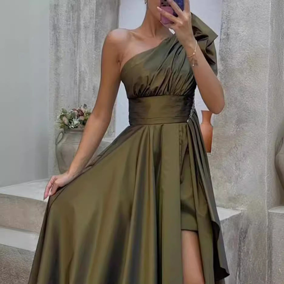Women's evening dress – Asymmetrical one-shoulder – Luxury fabric – Voluminous slit skirt