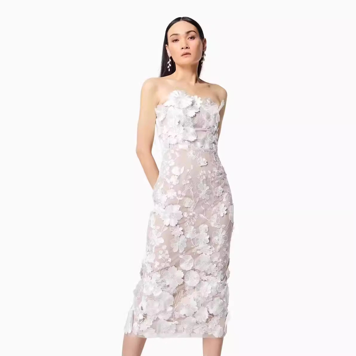 Women's Bustier Dress – Slim Fit – Lightweight Tulle – 3D Floral Appliqués – Midi Length