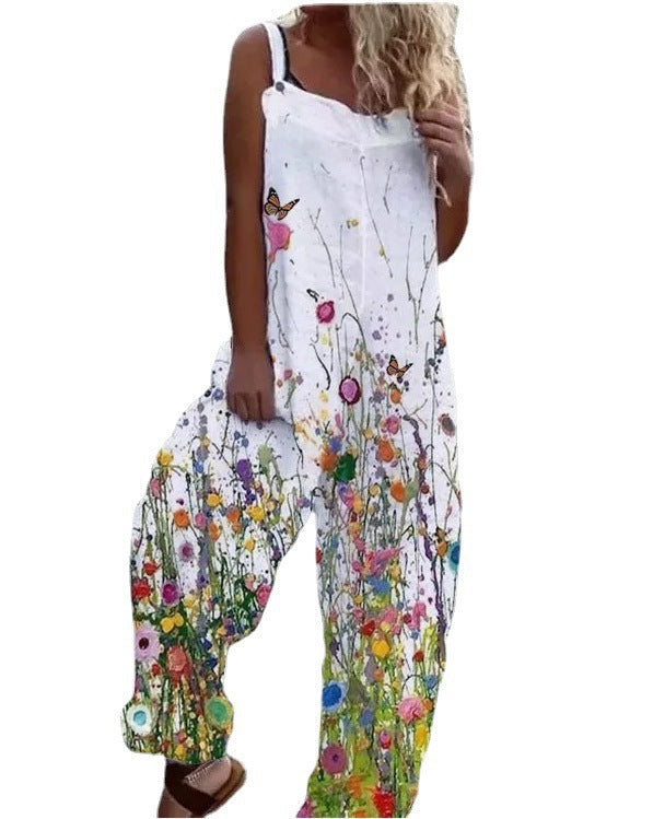 Women's jumpsuit – Loose fit – Wide legs – Floral print – Adjustable straps