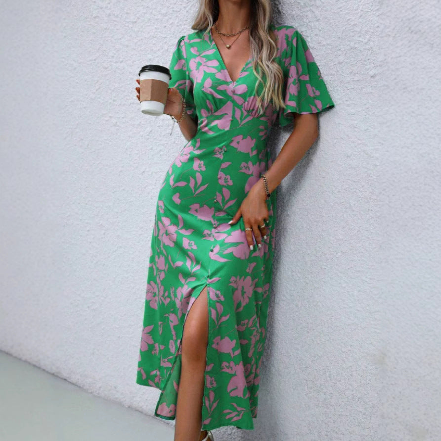 Robe longue femme – Coupe cintrée – Manches évasées – Col en V – Motif floral – Fente devant