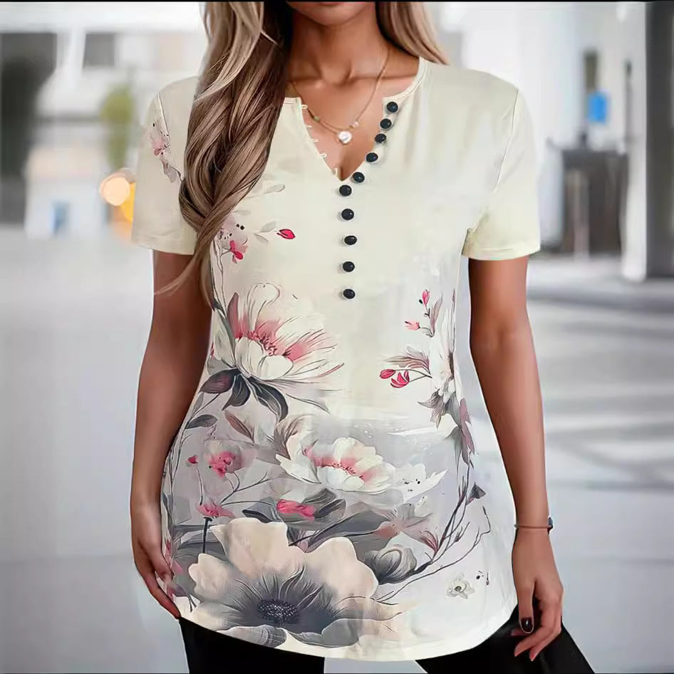 Women's short-sleeve shirt – Relaxed fit – Buttoned – Abstract pattern