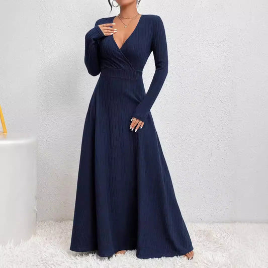 Women's long dress – soft knit – long sleeves – flared cut – V-neck