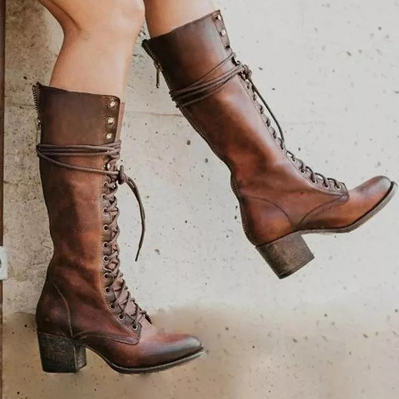 Bottes hautes femme – Talon épais – Laçage ajustable – Fermeture zippée
