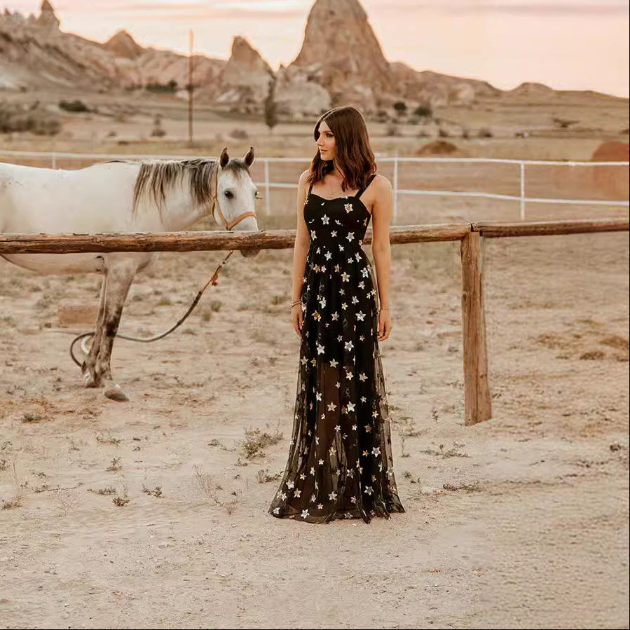 Women's evening dress – Fitted cut – Flowing voile – Star appliqués – Maxi length