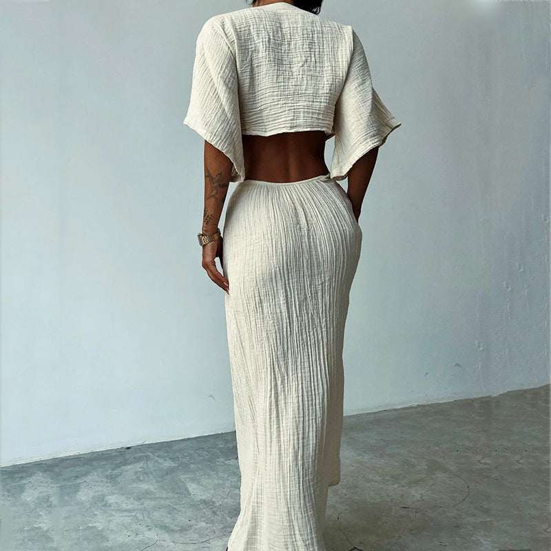 Women's long dress – Fitted cut – Open back – V-neck – Knotted detail – Breathable fabric