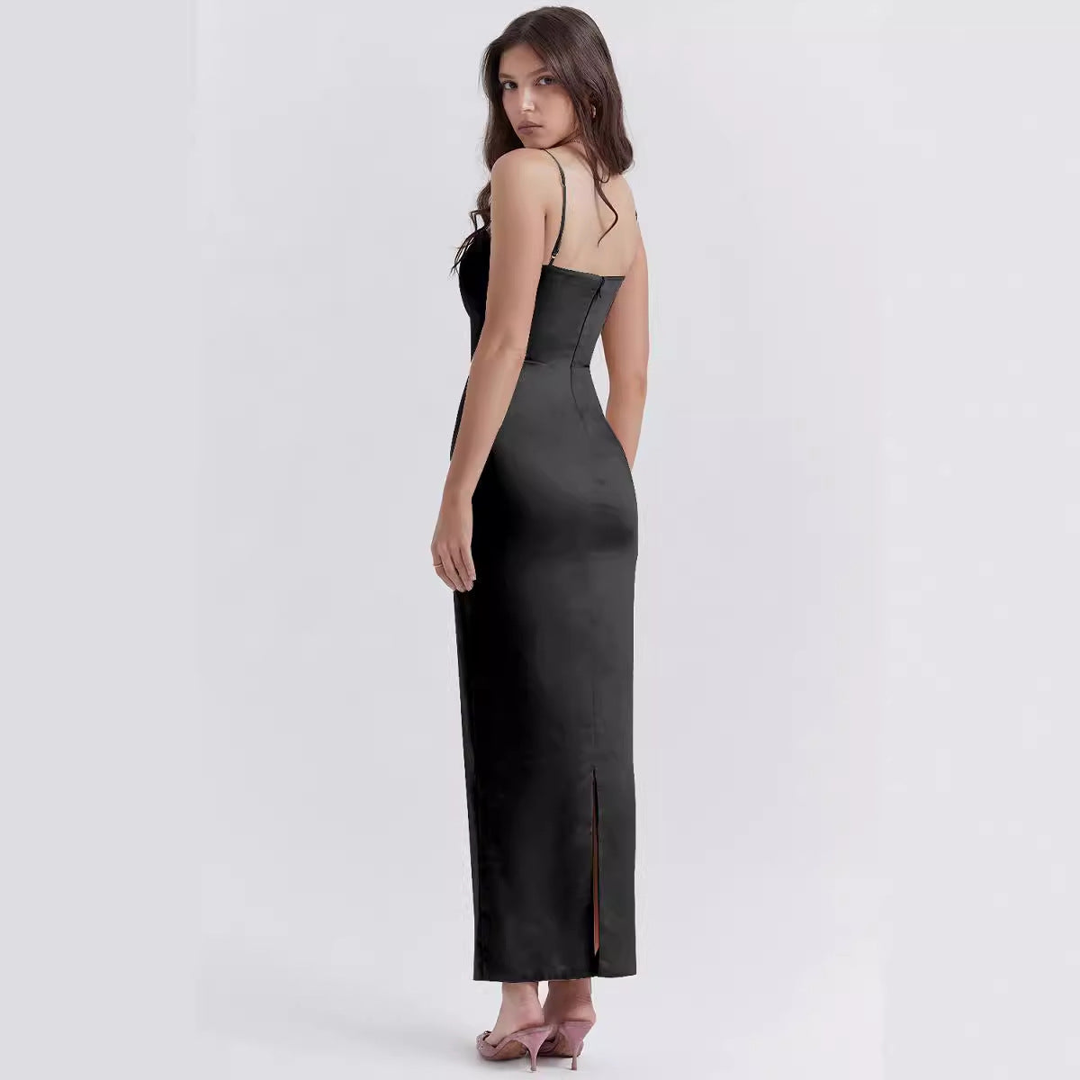 Long women's dress – Luxurious fabric – Fitted cut – Thin straps sleeveless