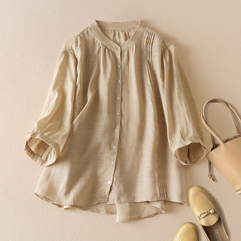 Chemise Femme à Manches Mi-Longues – Coupe Décontractée – Col Montant – Fibres Naturelles