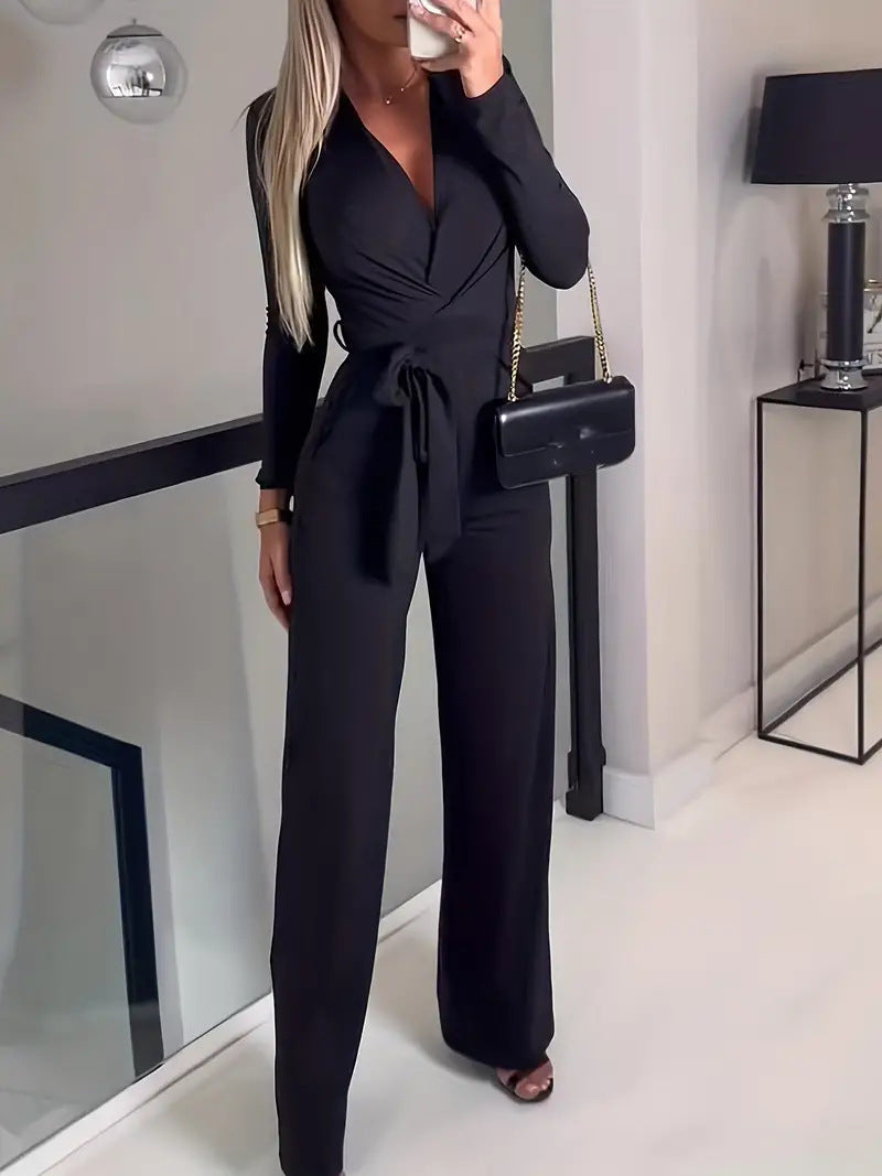 Women's jumpsuit – Elegant cut – Wrap neckline – Long sleeves – Wide leg