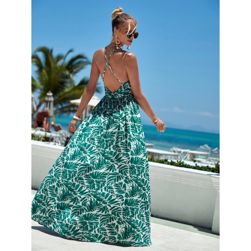 Women's long dress – light cotton – deep V-neck – backless – flowing floral print
