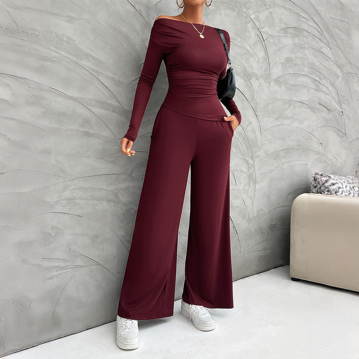 Ensemble femme – Haut ajusté manches longues – Pantalon large taille haute fluide