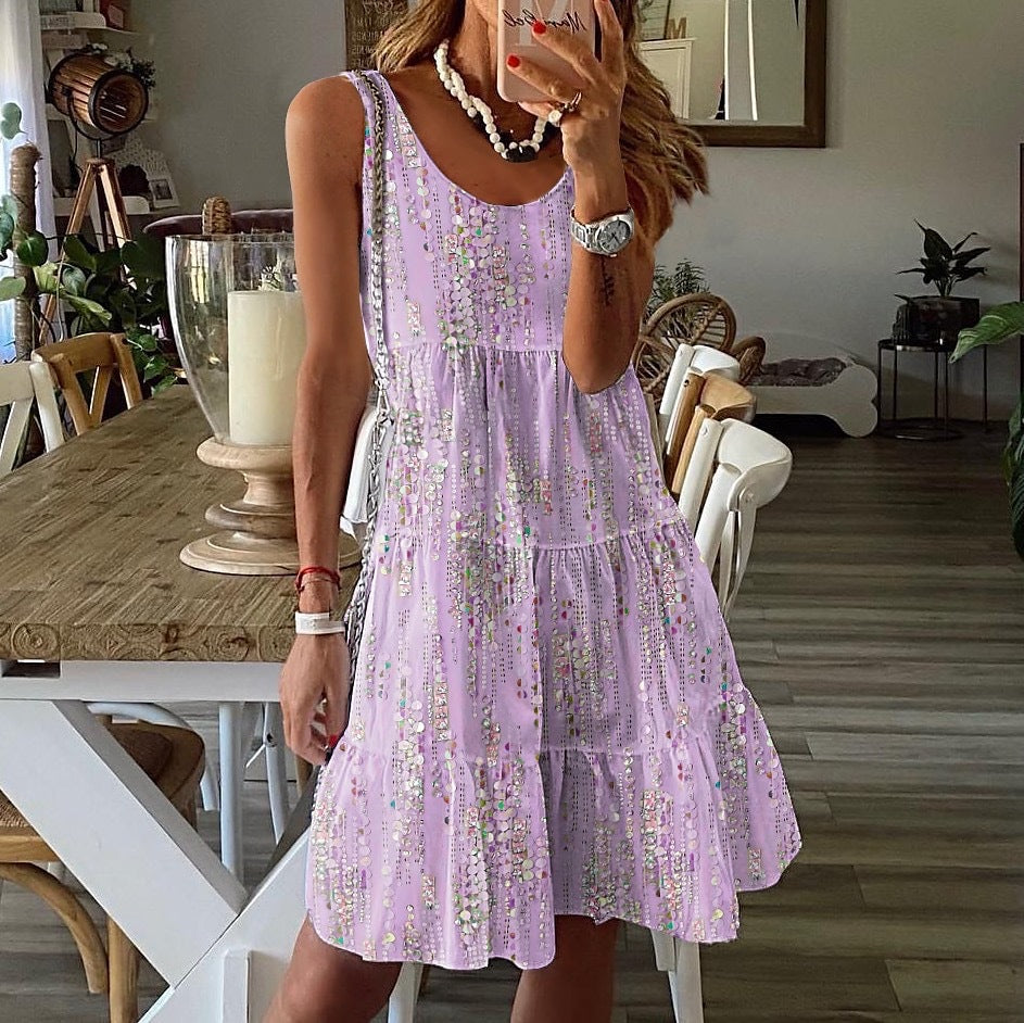 Women's sleeveless dress – Flowing cut – Round neck – Ruffles