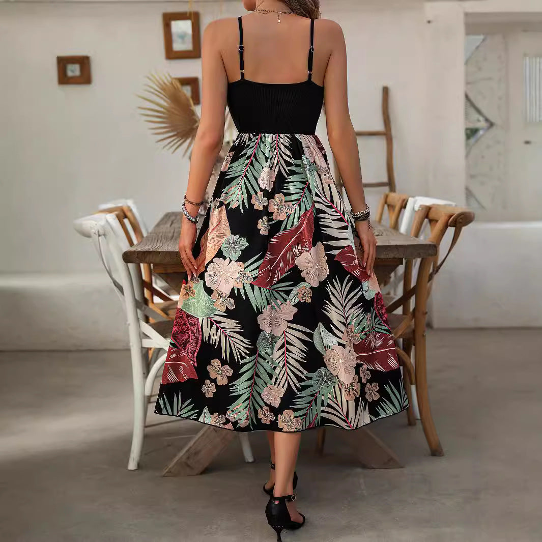 Women's summer dress – Thin straps – Flowing cut – Tropical print – Breathable fabric
