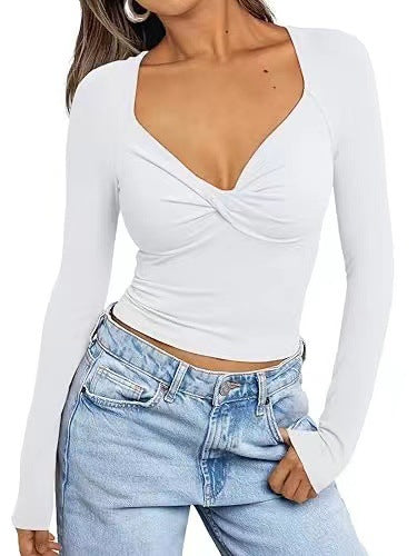 T-shirt femme col V – Coupe ajustée – Manches longues – Design twist court