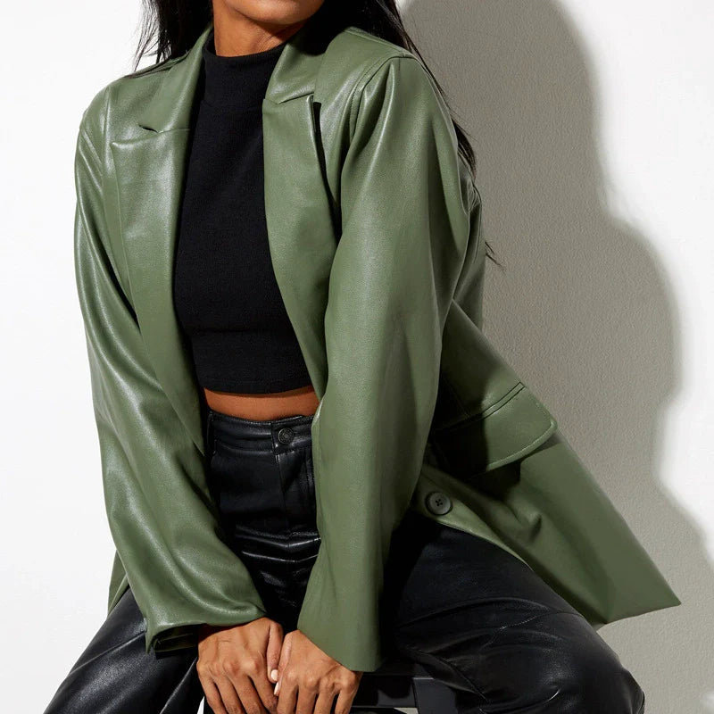 Veste blazer femme – Coupe oversize – Effet cuir lisse – Longueur mi-cuisses – Manches longues