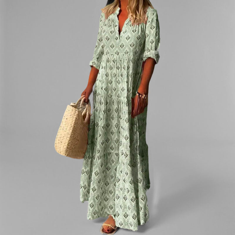 Robe longue femme – Coupe fluide – Tissu léger – Imprimé vintage – Col en V – Manches 3/4
