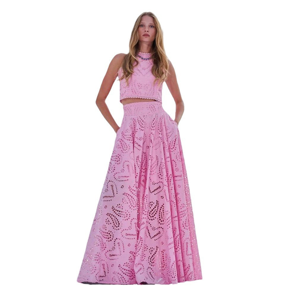 Women's Set – Cropped Sleeveless Top – Long Flared Skirt – Embroidered Details
