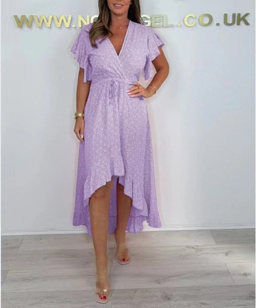 Women's wrap dress – Breathable fabric – Ruffled sleeves – Asymmetrical hem