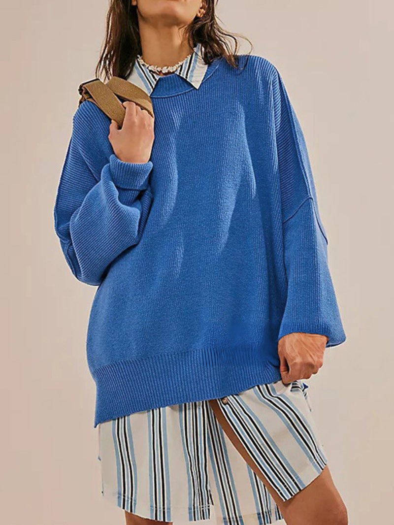 Pull Femme – Maille Douce – Coupe Oversize – Manches Longues – Fentes Côtés