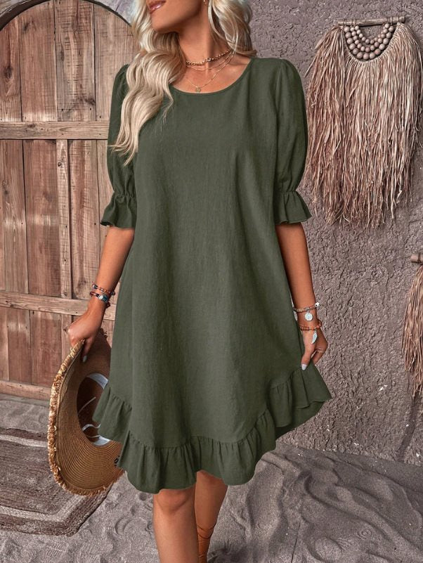 Women's midi dress – Loose fit – Ruffled sleeves - Flowing hem – Breathable fabric