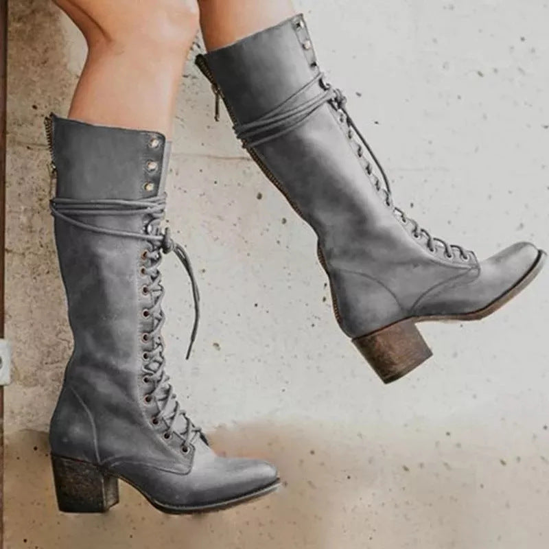 Bottes hautes femme – Talon épais – Laçage ajustable – Fermeture zippée