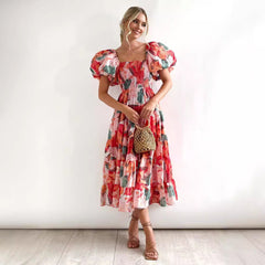 Women's long dress – Bare shoulders – Smocked bustier – Puff sleeves – Breathable fabric
