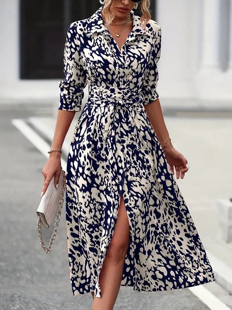 Women's flared dress – Buttoned – Long sleeves – Waist belt – Breathable fabric
