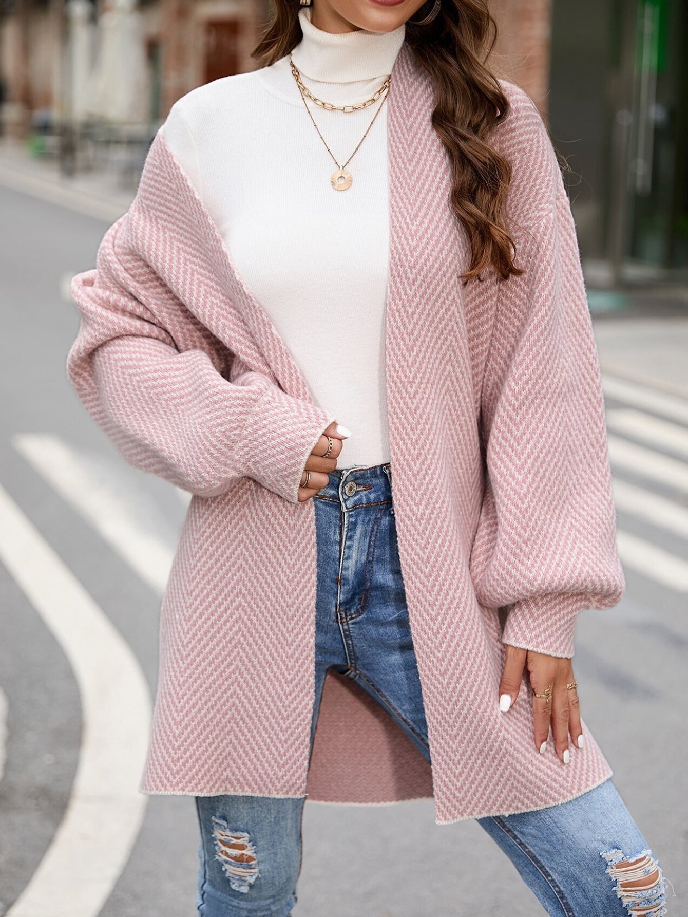 Gilet femme – Coupe ample – Manches longues – Motif chevron – Ouvert devant