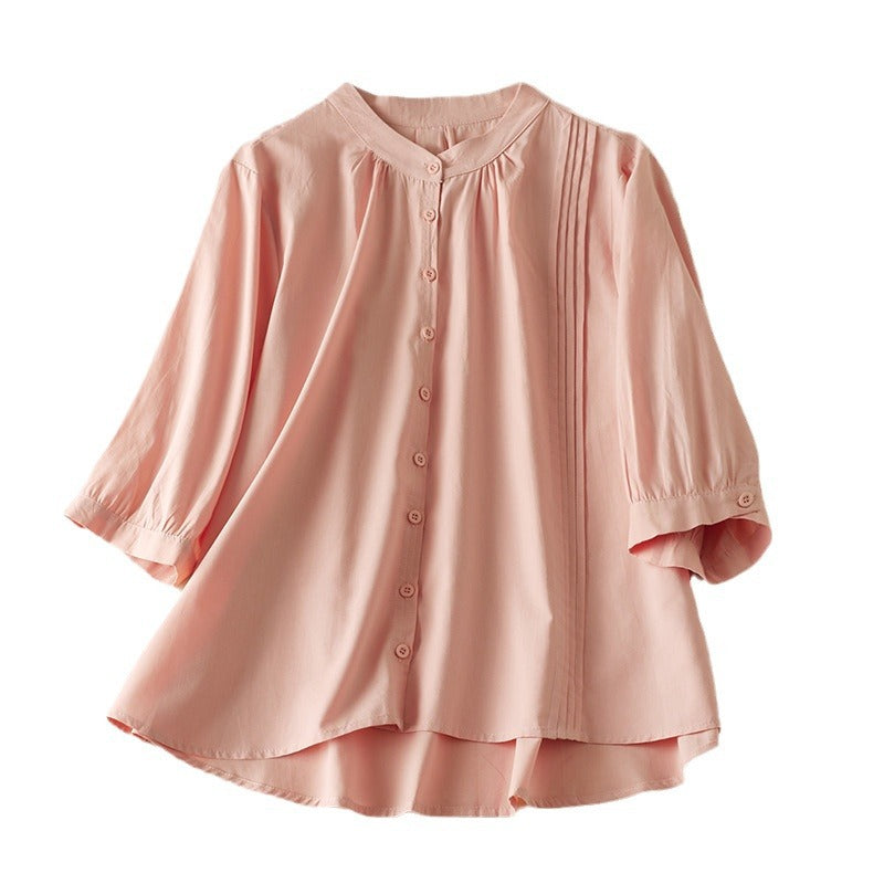 Chemise Femme à Manches Mi-Longues – Coupe Décontractée – Col Montant – Fibres Naturelles