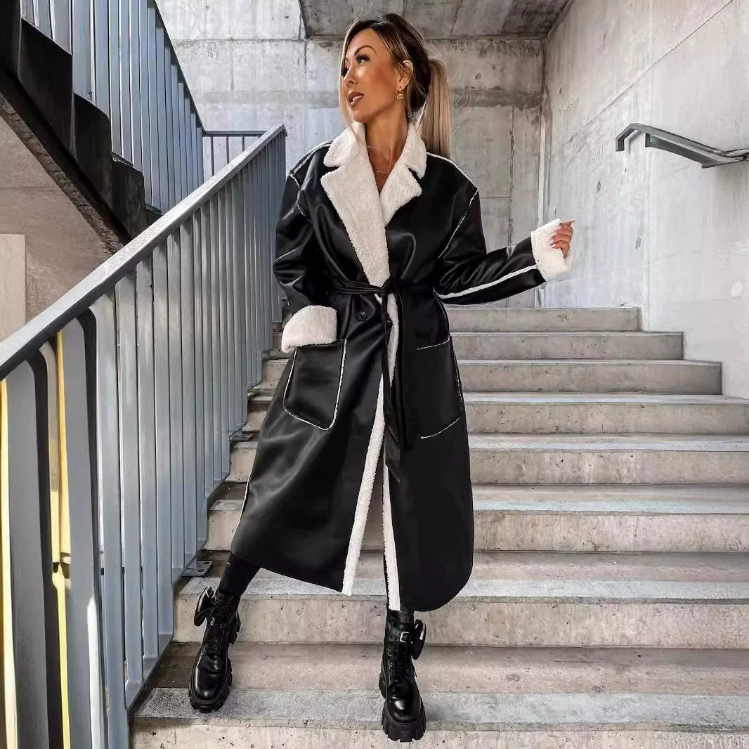 Women's Long Coat - Faux Leather - Oversized Cut - Lapel Collar - Waist Belt