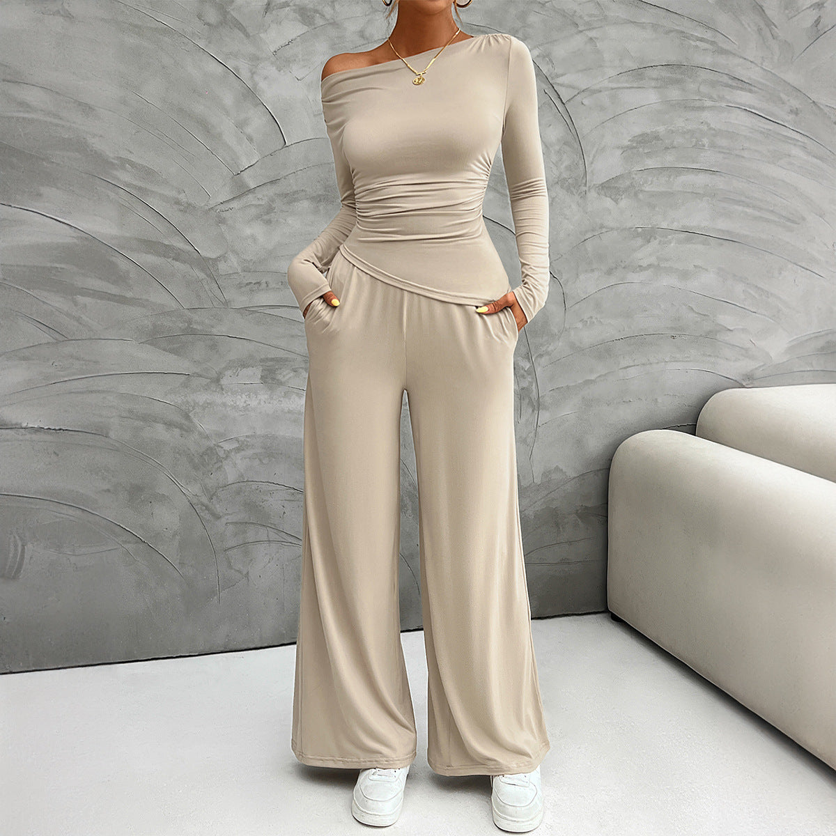 Ensemble femme – Haut ajusté manches longues – Pantalon large taille haute fluide