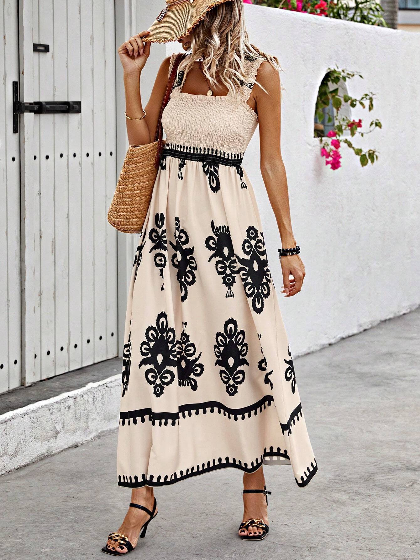 Robe longue femme – Bustier smocké – Bretelles larges – Coupe fluide imprimée
