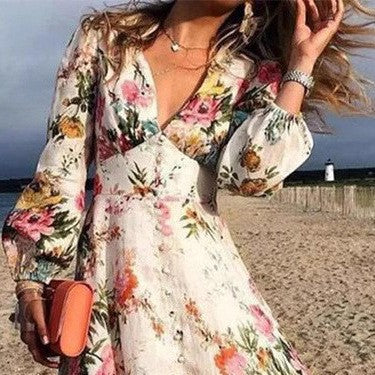 Women's long dress – Flared fluid cut – V-neck – Long sleeves – Breathable fabric