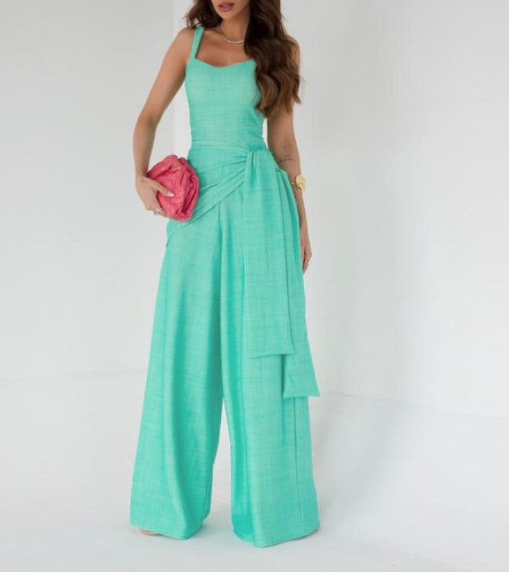 Jumpsuit for women – Lightweight linen – Sleeveless – Adjustable waist – Wide leg