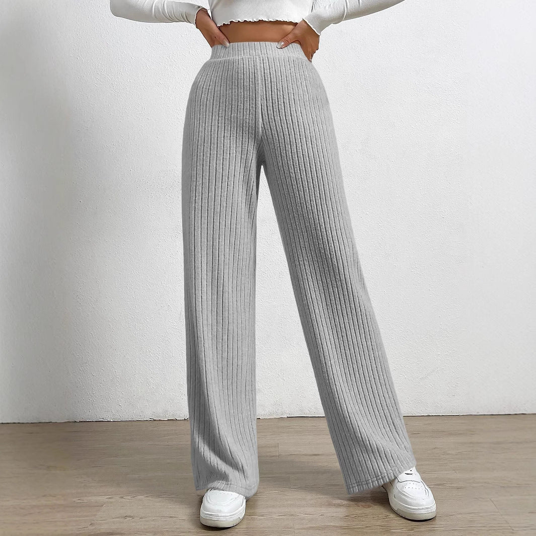 Wide women's pants – High waist – Ribbed knit – Loose fit – Full length