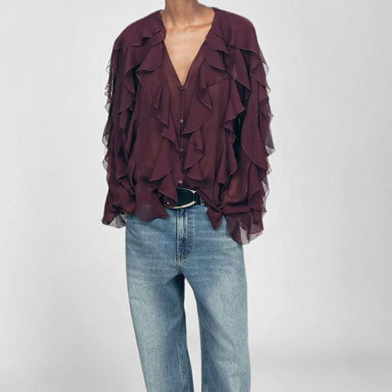 Blouse femme – Tissu léger – Coupe ample – Volants superposés – Col en V – Boutonnée