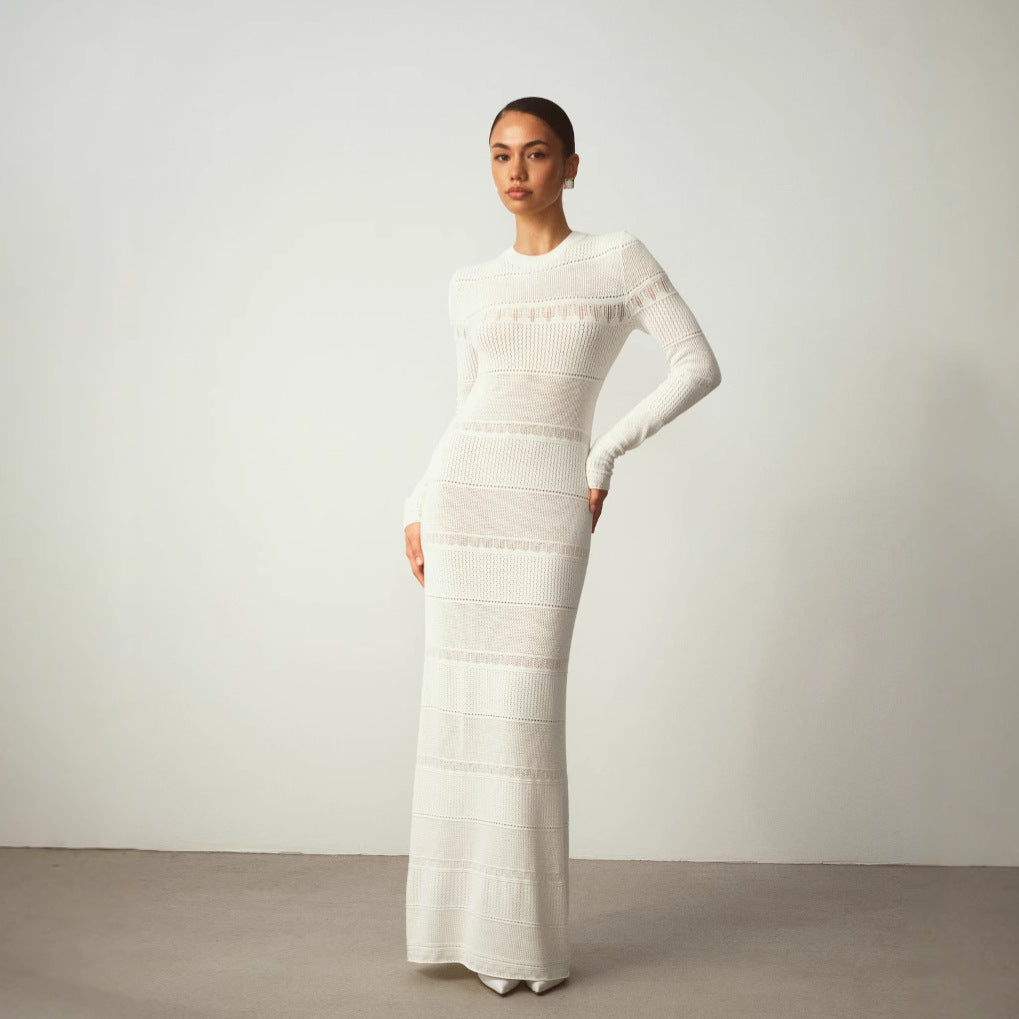 Robe longue femme – Coupe moulante – Maille côtelée douce – Manches longues – Col rond