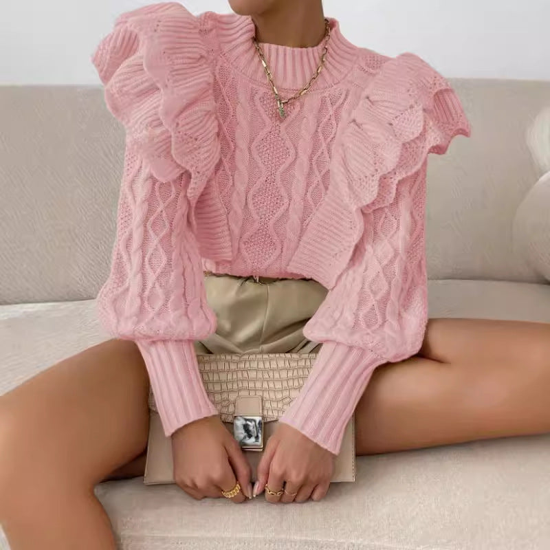 Pull femme – Coupe courte – Manches longues – Épaules à volants