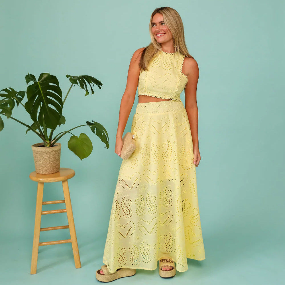 Women's Set – Cropped Sleeveless Top – Long Flared Skirt – Embroidered Details