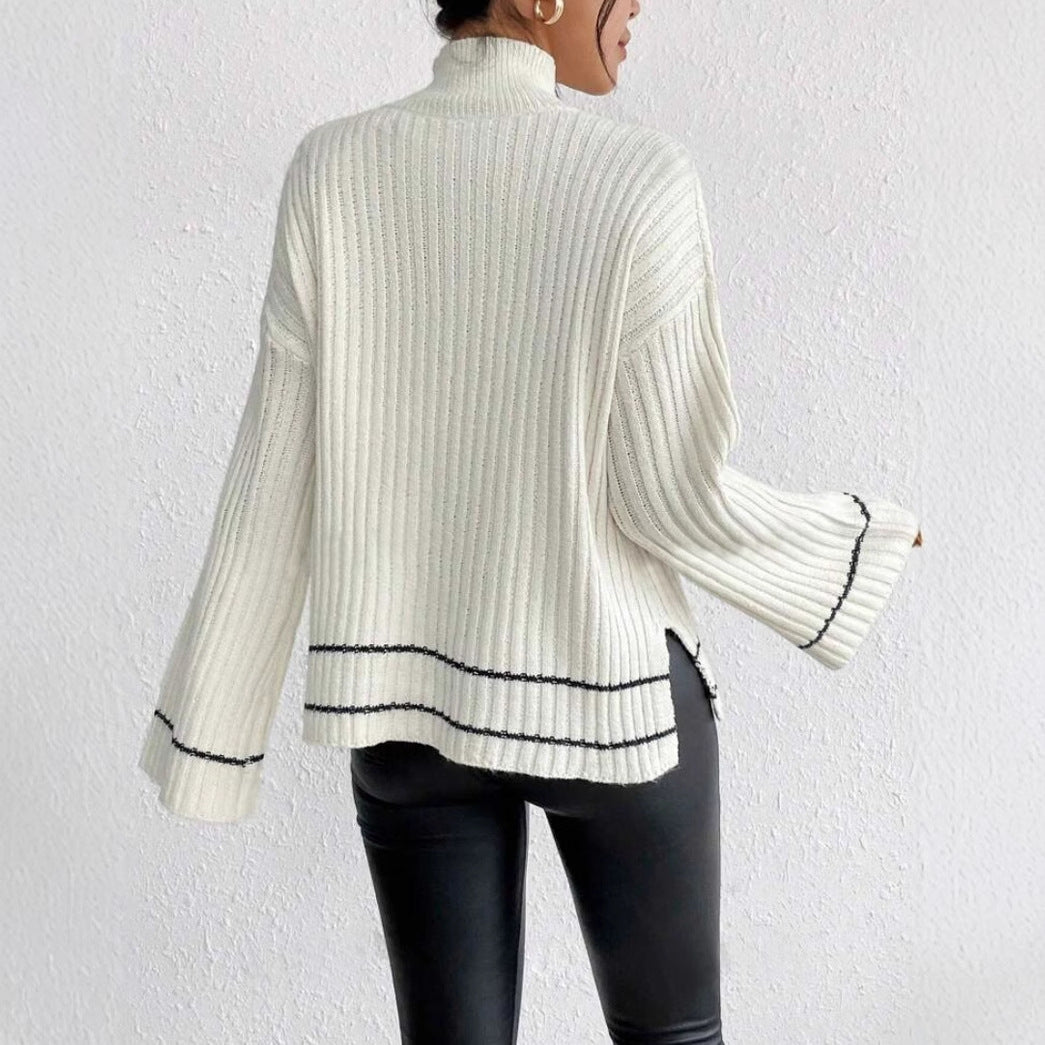 Pull femme en maille – Coupe oversize – Col montant – Manches longues – Rayures contrastées
