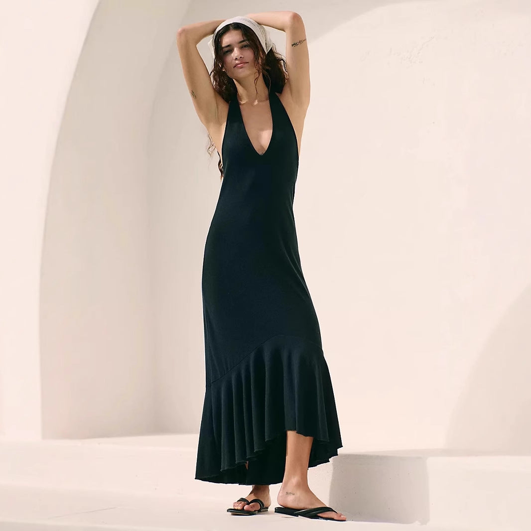 Robe longue femme – Coupe fluide – Décolleté en V – Halter – Ourlet asymétrique