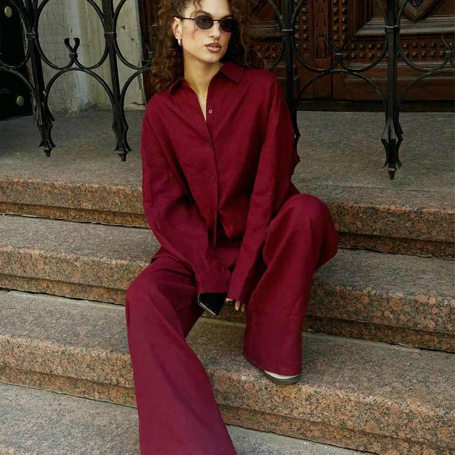 Ensemble Femme – Haut Oversize à Boutons – Pantalon Large Taille Haute – Linnen Respirant