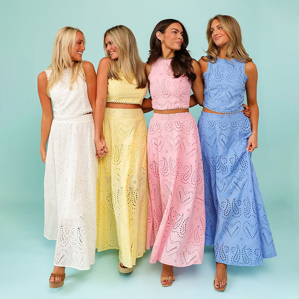Women's Set – Cropped Sleeveless Top – Long Flared Skirt – Embroidered Details