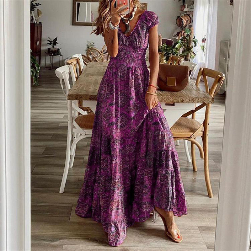 Robe longue femme – Encolure V – Manches courtes – Taille smockée – Jupe à volants