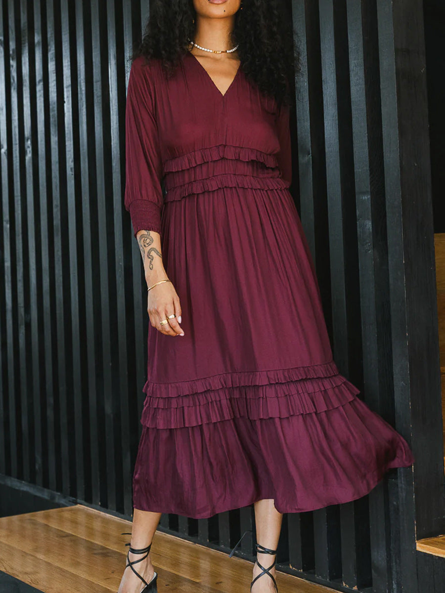 Robe midi femme – Coupe décontractée – Col en V – Volants – Manches longues
