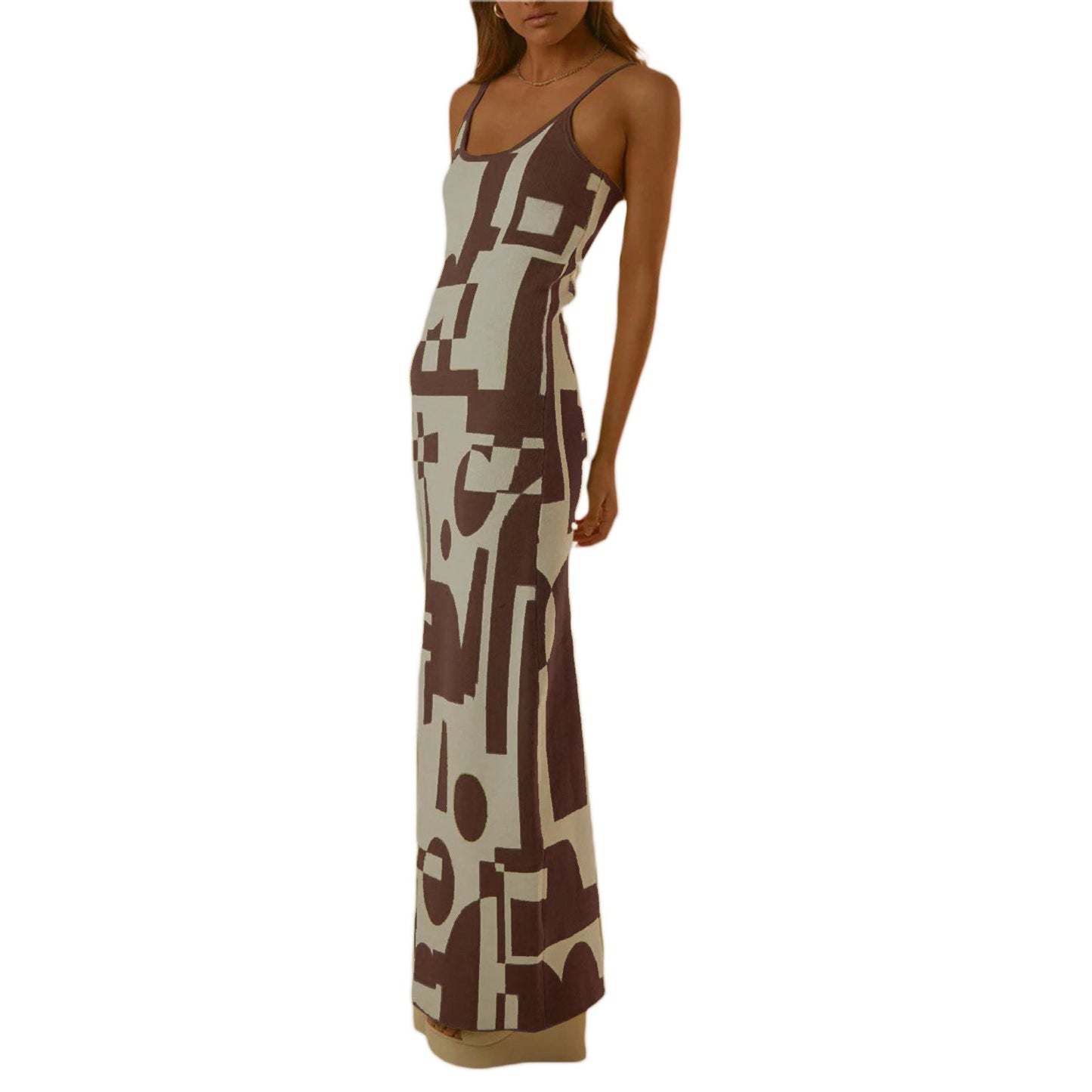 Robe Longue Femme – Coupe Près du Corps – Bretelles Fines – Imprimé Abstrait – Tissu Stretch